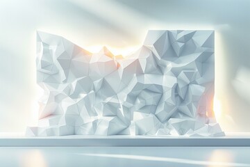 3D rendering of a white polygonal wall with a glowing light in the background