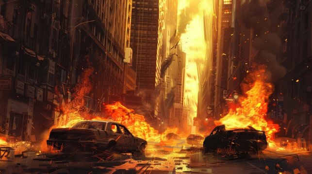 burning cars in a postapocalyptic city street digital concept illustration