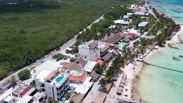 drone footage of mahahual beach in costa maya mexico
