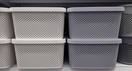 Close-up of grey and beige plastic storage baskets on a store shelf