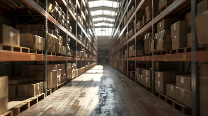 Diminishing perspective of flooring amidst shelves with cardboard boxes in distribution warehouse