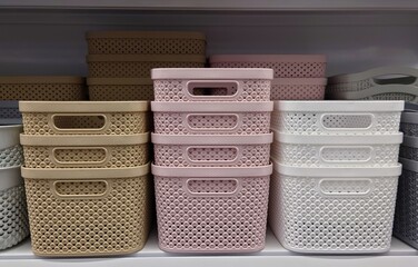 Close-up of stacked plastic storage baskets in yellow, pink, and white on store shelves