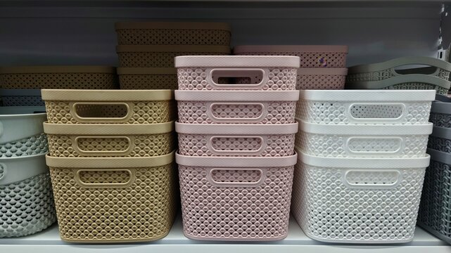 Close-up of stacked plastic storage baskets in yellow, pink, and white on store shelves
