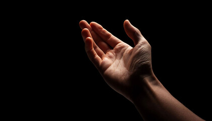 hand reaching upwards on dark background, palm open, evoking curiosity and a sense of seeking.