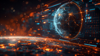 Obraz premium Futuristic Global Financial Data Interface with Digital Earth and Orange Glowing Elements