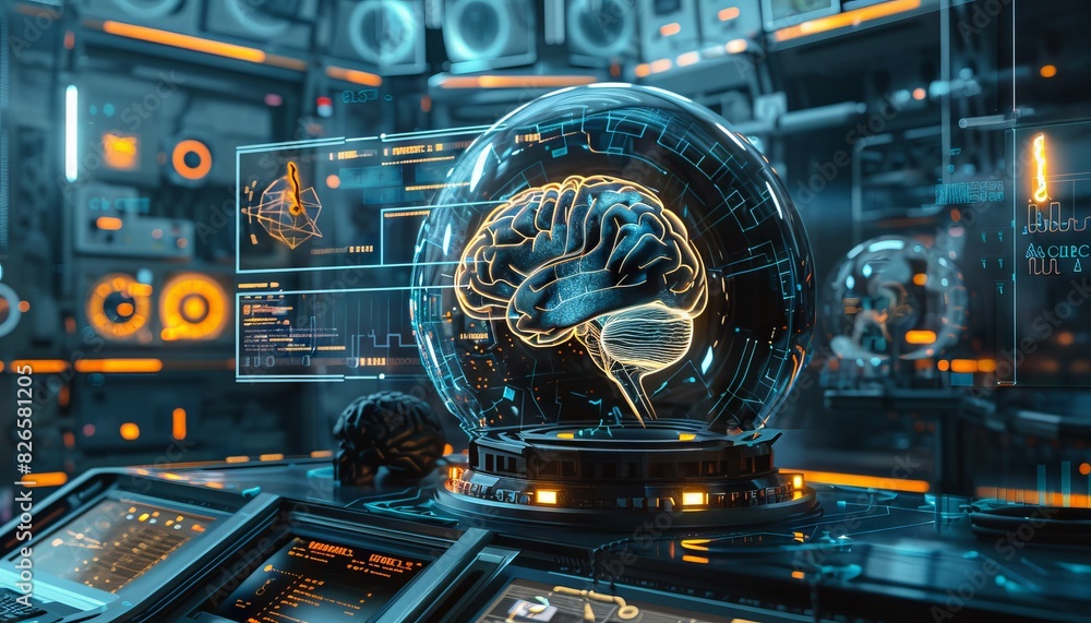 Poster illustrate a futuristic brain-computer interface device with intricate neural connections, glowing i