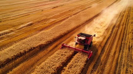 Aerial view of a harvester machine working in a golden wheat field during sunset showcasing agricultural productivity. Generative Ai.
