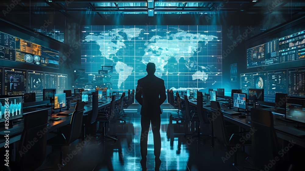 Poster leader directing team in dynamic high tech control room overseeing global