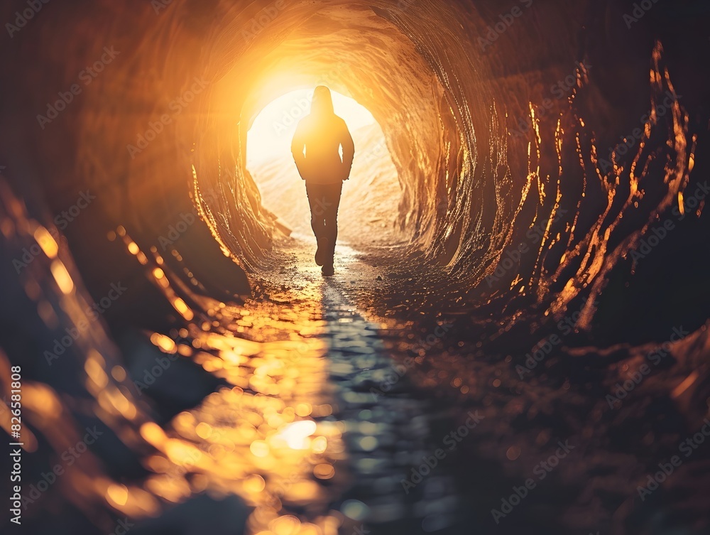 Poster running towards the light at the end of the tunnel embracing the energy of new beginnings