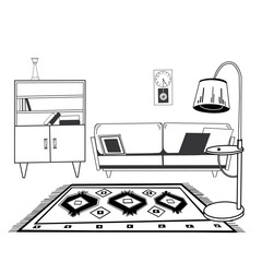 Room design. Sofa, clock, carpet with ornaments, floor lamp, bookcase. Everything is hand-drawn in vector in black on a white background. For printing on paper and fabric, for interior design.