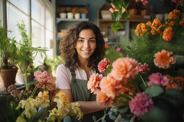 Florist smiling in her flower shop, surrounded by colorful flowers and lush green plants.