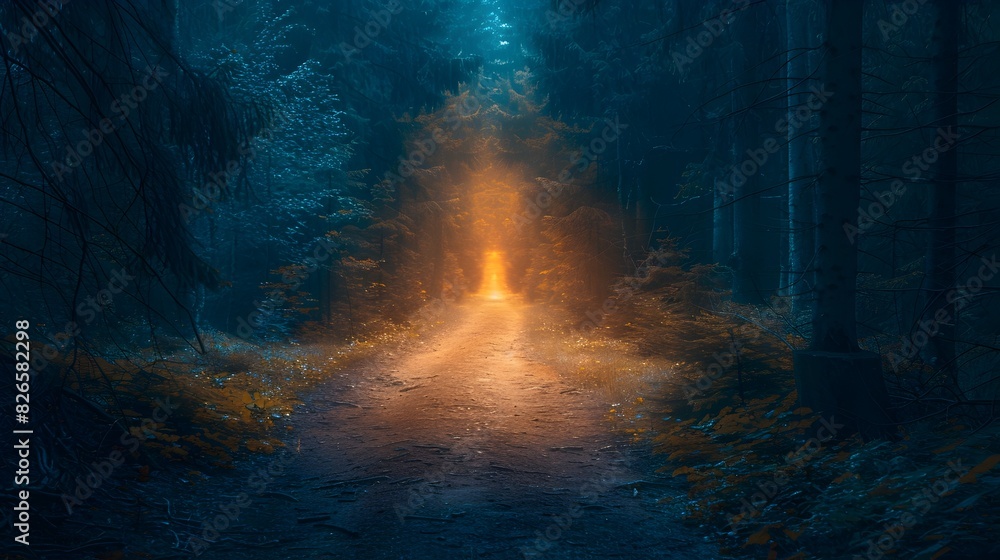 Poster mystical forest path beckoning the start of an adventurous journey towards new beginnings and renewe