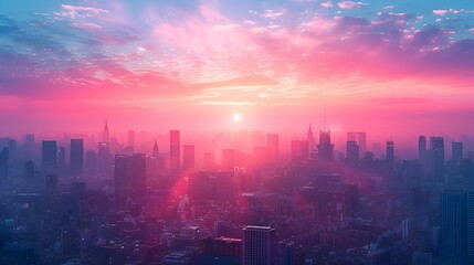Bright and Colorful Sunrise Illuminates the Majestic Cityscape Symbolizing New Opportunities and...