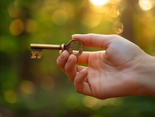 Hand Holding Key in Serene Natural Environment Symbolizing New Beginnings and Fresh Starts