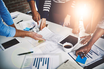 Meeting, paperwork and hands of business people in office for collaboration, sales graph or planning. Discussion, lens flare and staff with tablet for teamwork, analytics or deadline at printing firm