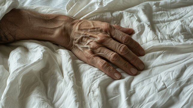 A close-up of a bedridden patient's hand, revealing the delicate tracery of veins and the fragility of life.