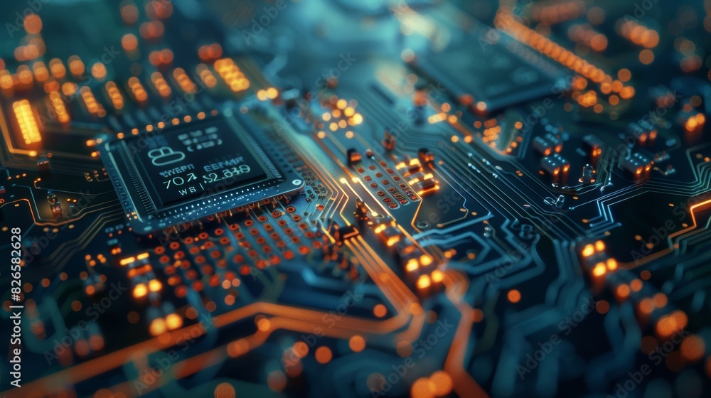 Poster A close-up of a computer chip pulsating with digital signals, revealing the hidden world of electronic communication.
