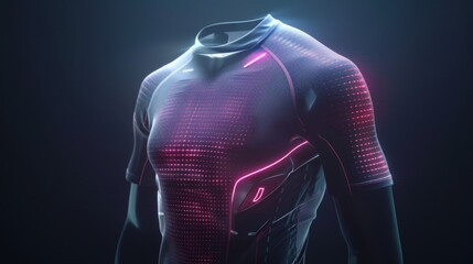 Illustrate a cutting-edge smart t-shirt embedded with sensors that monitor vital signs, combining a sporty and high-tech aesthetic for a fitness brands promotional material