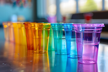 A row of colorful transparent plastic cups on a table. - Powered by Adobe