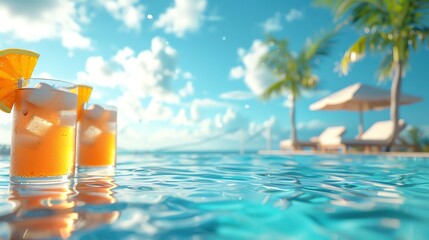 Two refreshing orange cocktails by the pool with palm trees and loungers in the background under a clear blue sky.