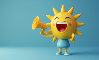 Laughing Sun Character with Megaphone on Blue Background (edited generative AI)