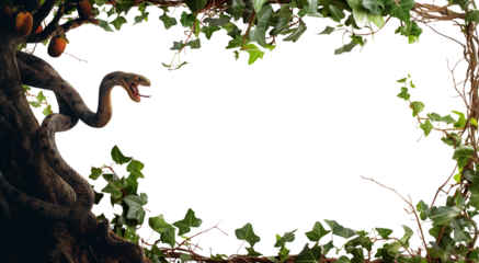 Serpent snake in the paradisal Garden of Eden. Snake coiled around the trunk of the Tree of Life. Featuring the forbidden fruit, the Garden of Eden where Adam and Eve lived according to Genesis.