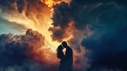 A close-up of storm clouds with a couple embracing under their shelter, symbolizing the power of love in the face of adversity.