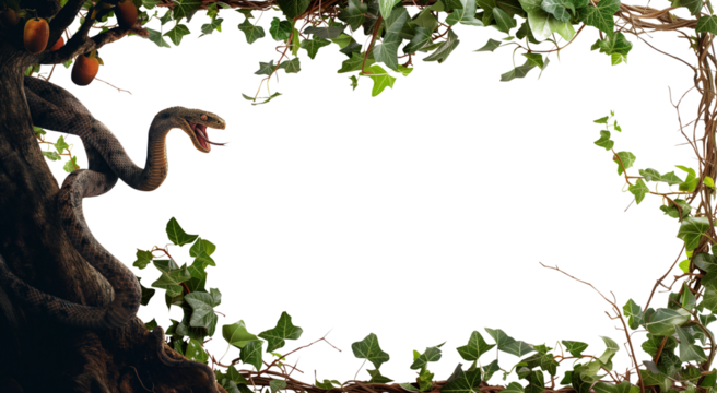 Serpent snake in the paradisal Garden of Eden. Snake coiled around the trunk of the Tree of Life. Featuring the forbidden fruit, the Garden of Eden where Adam and Eve lived according to Genesis.