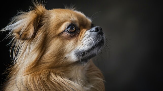 Portrait of a Pekingese dog against a dark backdrop