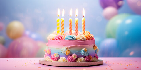 A whimsical pastel rainbow birthday cake with bright colors, set against a dazzling backdrop,...