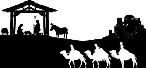 Naklejka premium A Christmas nativity scene with baby Jesus in the manger, wise men and city of Bethlehem in the background