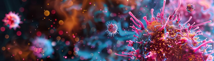 A detailed close-up of a virus under a microscope, vibrant colors, intricate structures, high-detail, scientific and visually captivating.3D vector illustrations