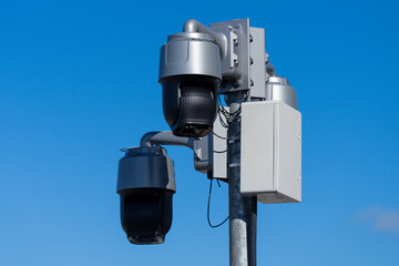 CCTV cameras on the city street. Outdoor CCTV cameras. Street video surveillance. Large street security cameras.