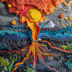 A detailed cross-section of a volcanic eruption, vibrant colors, intricate lava flows, geological layers, high-detail, educational and visually dramatic.Highly detailed