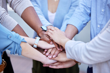 Fototapeta premium People, outdoor and hands stacked for synergy with teamwork, collaboration and deal. Unity, solidarity and commitment for business achievement with celebration, partnership and team building