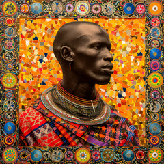A young African man, adorned with traditional jewelry and vibrant patterned attire, is framed by an intricate, colorful border. The background features a vivid mosaic design.