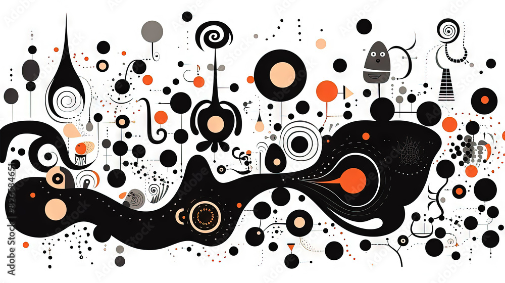 Poster geometric abstract background with black dots, circles and lines.