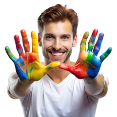 Smiling man with colorful painted hands showing creativity and joy on a white background