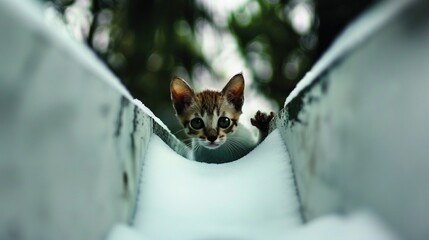   A tiny kitten peeks from behind the fence in the snow, eyes wide open, gazing at the camera