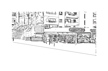 Print Building view with landmark of Santa Ponsa is the village in Spain. Hand drawn sketch illustration in vector.