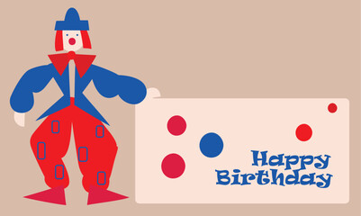 Card with a big clown in a , and red pants with the inscription Happy Birthday

