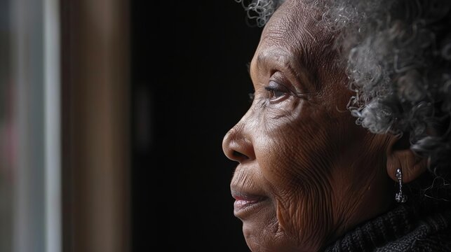 elderly black woman suffering from dementia closeup side profile degenerative disease concept