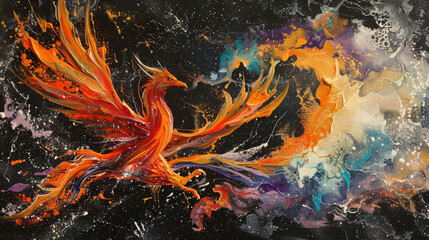 A painting of a red dragon with orange wings flying through the sky