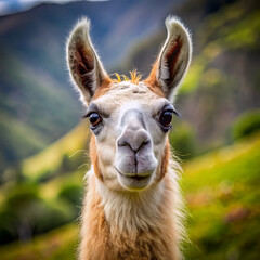 Obraz premium Close-up of a llama's face with blurred greenery in the background