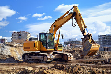 Obraz premium A large yellow excavator digging at a construction site, with urban residential buildings in the backdrop.