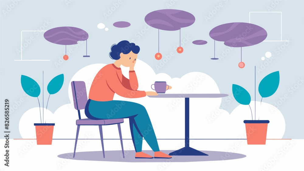 Poster a sketch of a person sitting alone in a cafe with thought bubbles showing their insecurities and sel