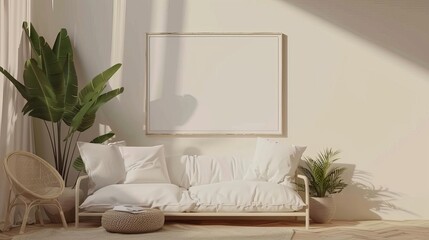 empty frame mockup in minimalist nomadic interior blank canvas in bohemian living room 3d render illustration for art display