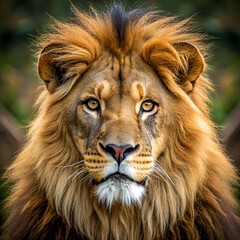 Close-up portrait of a majestic lion with a striking gaze in a natural setting