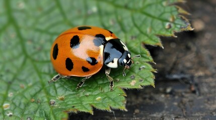 Obraz premium A close-up of a tiny orange and black beetle perched on a green leaf with dark spots on its hind legs