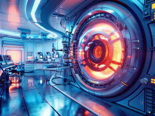A futuristic energy research lab, advanced fusion reactors, intricate control panels, scientists monitoring experiments, high-detail, dynamic and innovative.3D vector illustrations